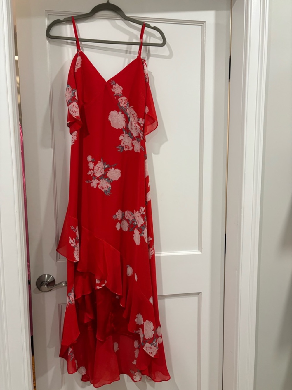 Lulu's Red Floral High-Low Ruffle Slip Dress